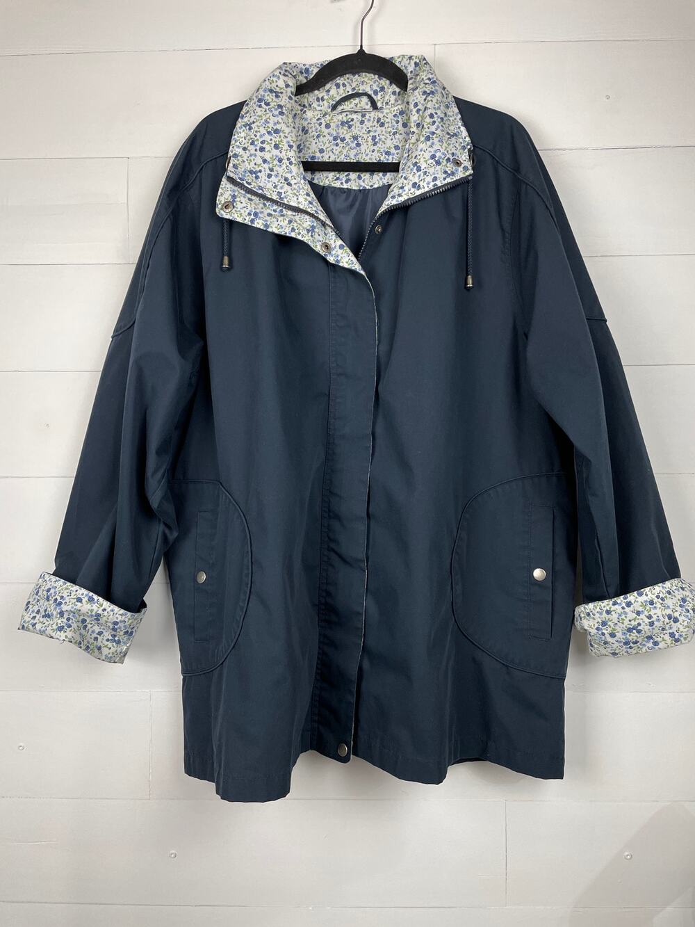 Vintage 90s Blair Navy Blue Rain Jacket Floral Lined Hooded Windbreaker XL 1X